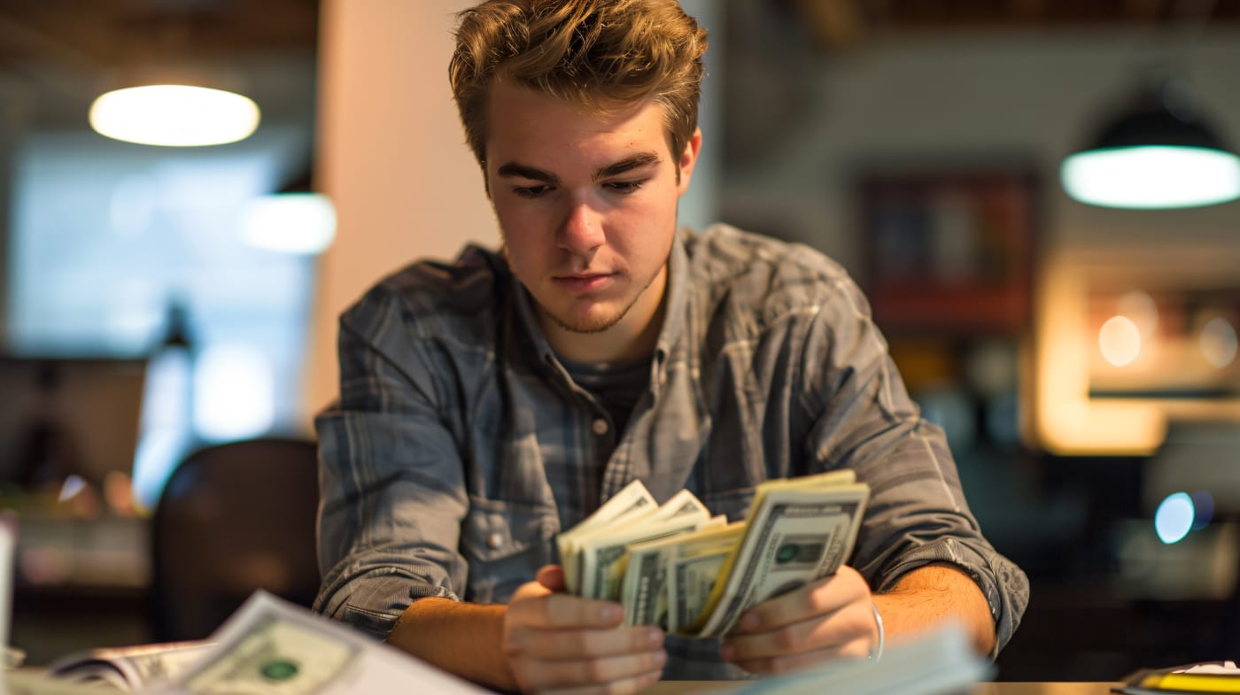 Person counting cash at a desk, illustrating money spent on unused and duplicate software subscriptions
